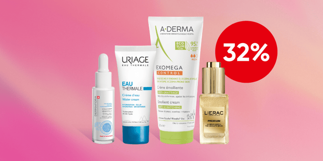Sélection de produits dermocosmétiques A-Derma, Uriage et Lierac avec jusqu’à 32% de rabais pour les membres Sunclub Premium.