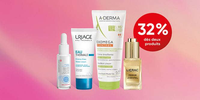 Sélection de produits dermocosmétiques A-Derma, Uriage et Lierac avec jusqu’à 32% de rabais pour les membres Sunclub Premium.