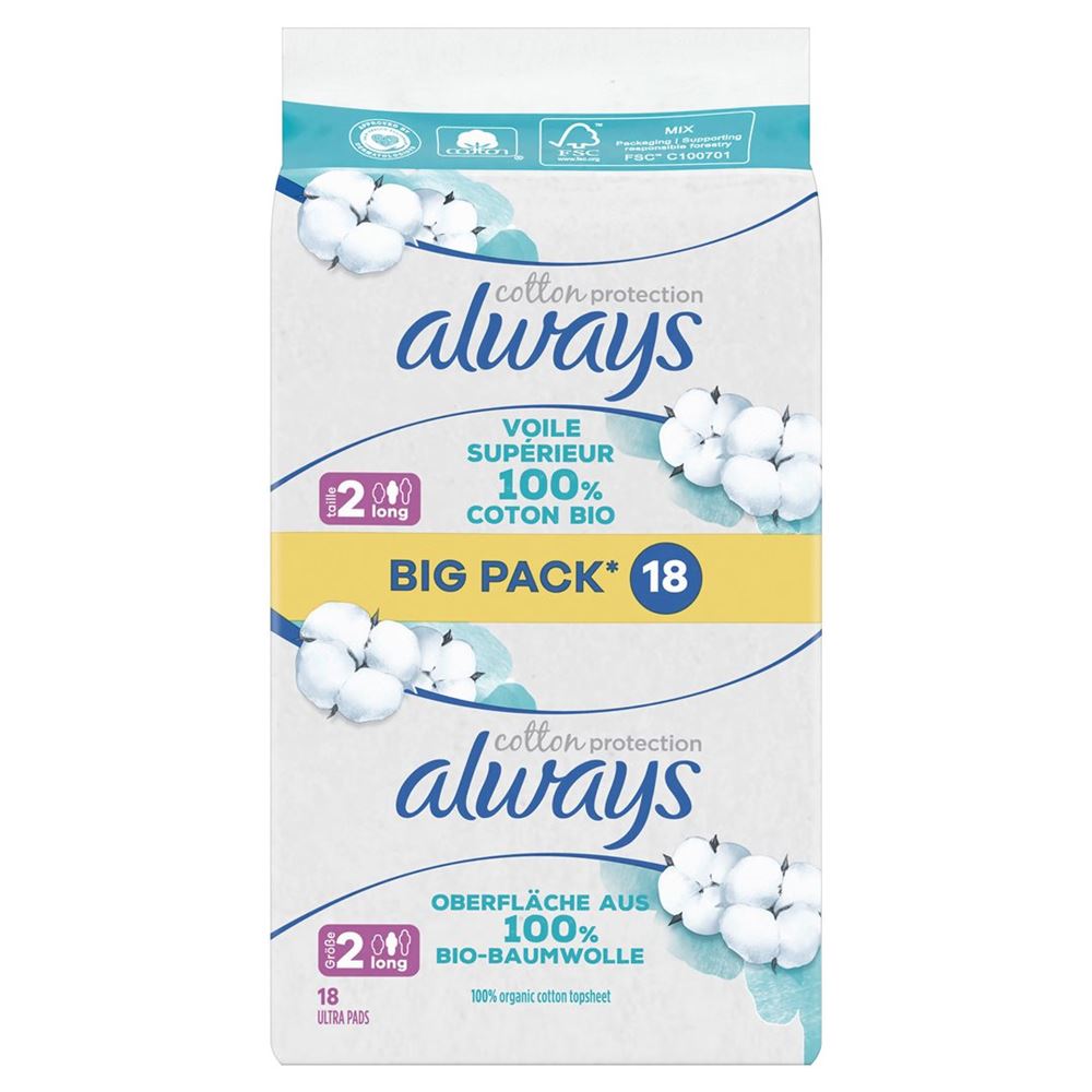 always Ultra Binde Cotton Protection Gr2 Long mit Flügeln BigPack 18 Stk