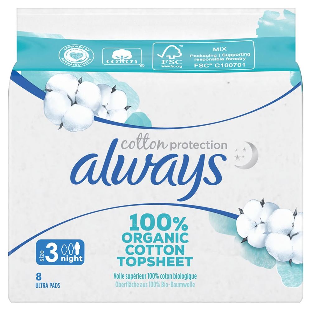 always Ultra Binde Cotton Protection Gr3 Night mit Flügeln Magic Paper 8 Stk
