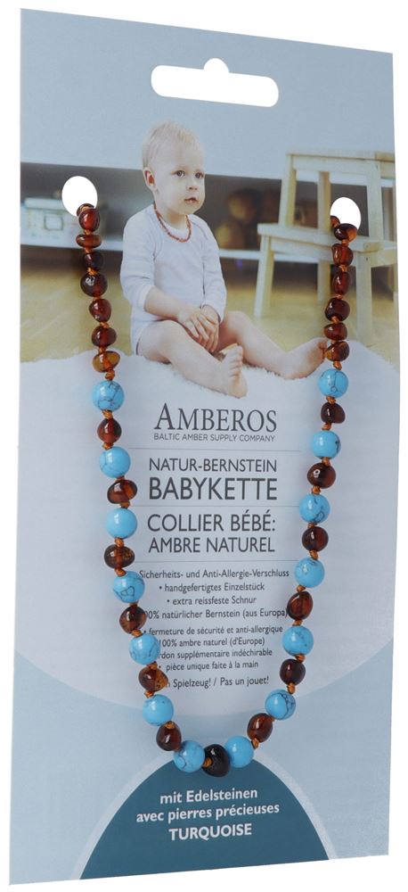 Amberos Natur Bernsteinkette mit Edelsteinen Baroque Cognac Turquoise