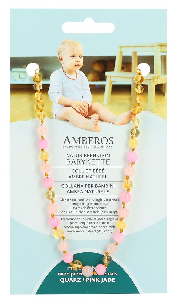 Amberos Natur Bernsteinkette mit Edelsteinen Baroque Lemon Quartz Pink Jade