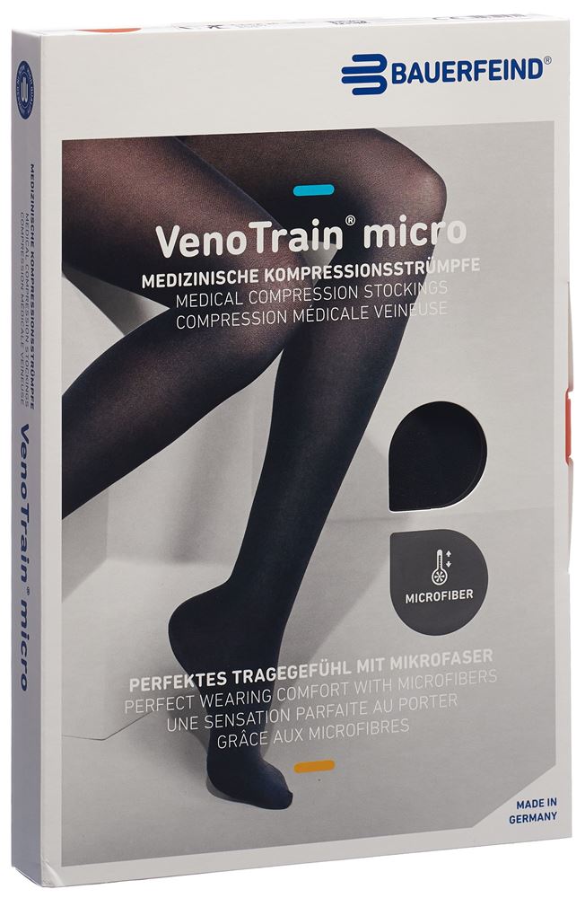 Bauerfeind VenoTrain Micro Kkl2 AG L plus/short geschlossene Fussspitze Mikronoppenhaftband schwarz 1 Paar