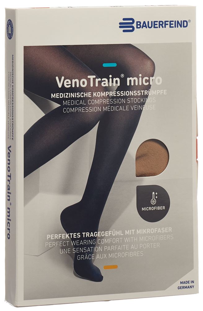 Bauerfeind VenoTrain Micro Kkl2 AG M normal/short geschlossene Fussspitze Mikronoppenhaftband caramel 1 Paar