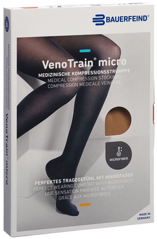 Bauerfeind VenoTrain Micro Kkl2 AG M plus/long geschlossene Fussspitze Mikronoppenhaftband caramel 1 Paar