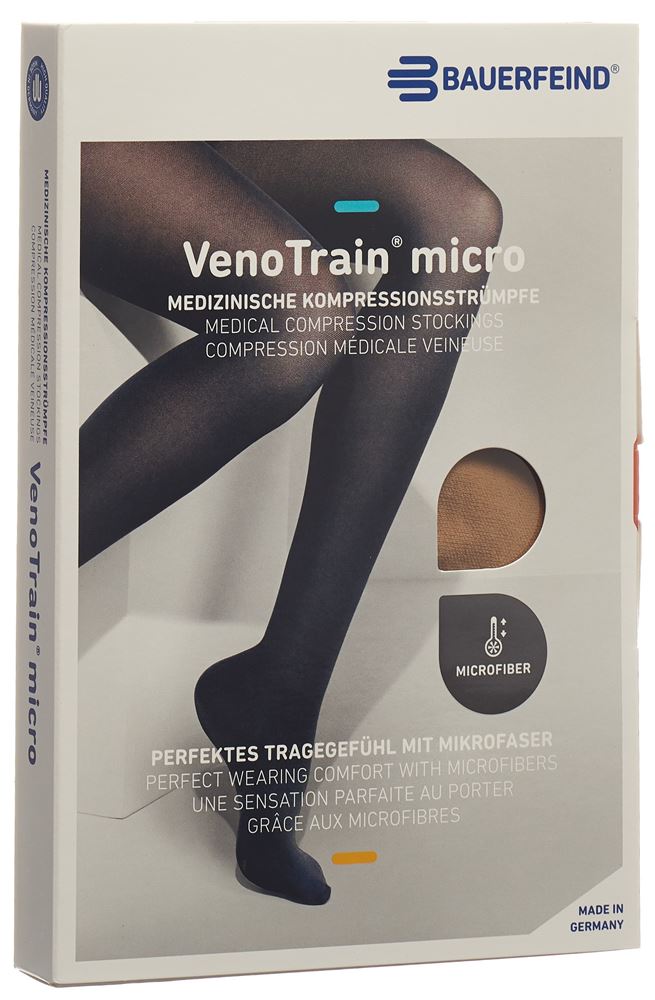 Bauerfeind VenoTrain Micro Kkl2 AG S normal/long offene Fussspitze Mikronoppenhaftband caramel 1 Paar