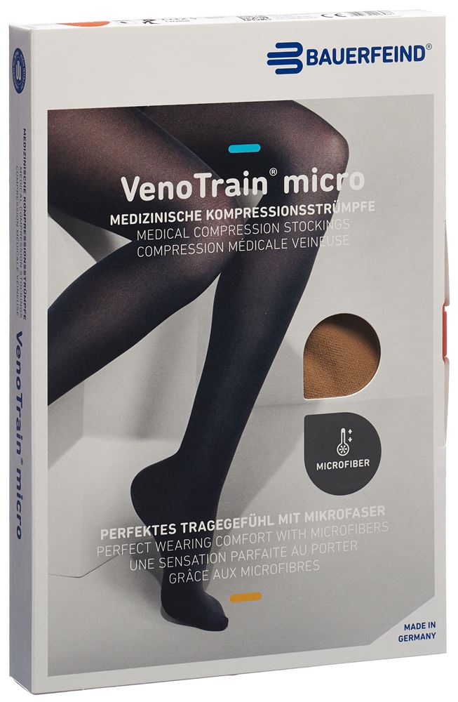 Bauerfeind VenoTrain Micro Kkl2 AG S normal/short offene Fussspitze Mikronoppenhaftband caramel 1 Paar