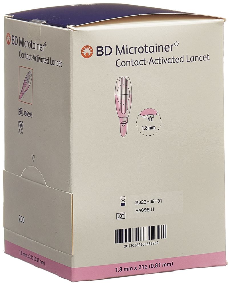 BD Microtainer kontaktaktivierte Lanzetten für die Kapillarblutentnahme 21Gx1.8mm pink 200 Stk