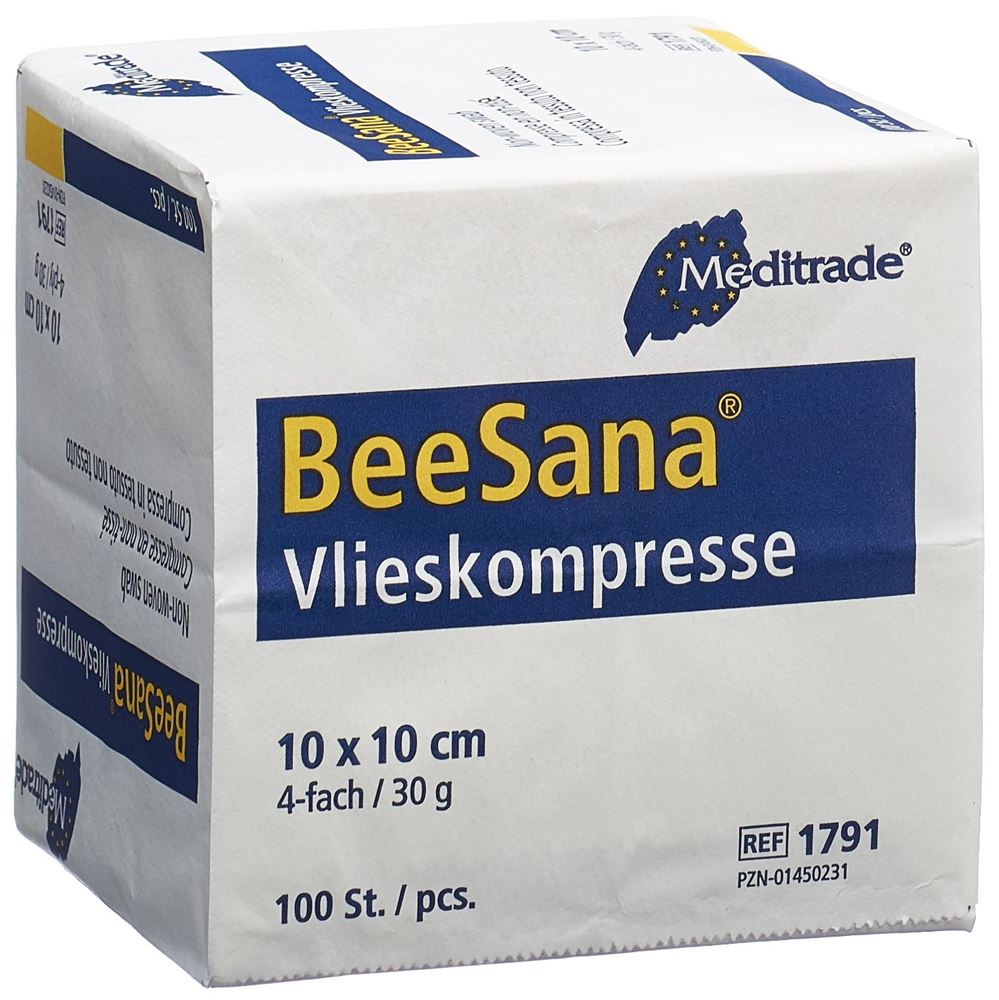 Beesana Vlieskompressen 10X10Cm 30 G/M2 Unsteril Ohne Rx 4-Fach Beutel 100 Stück