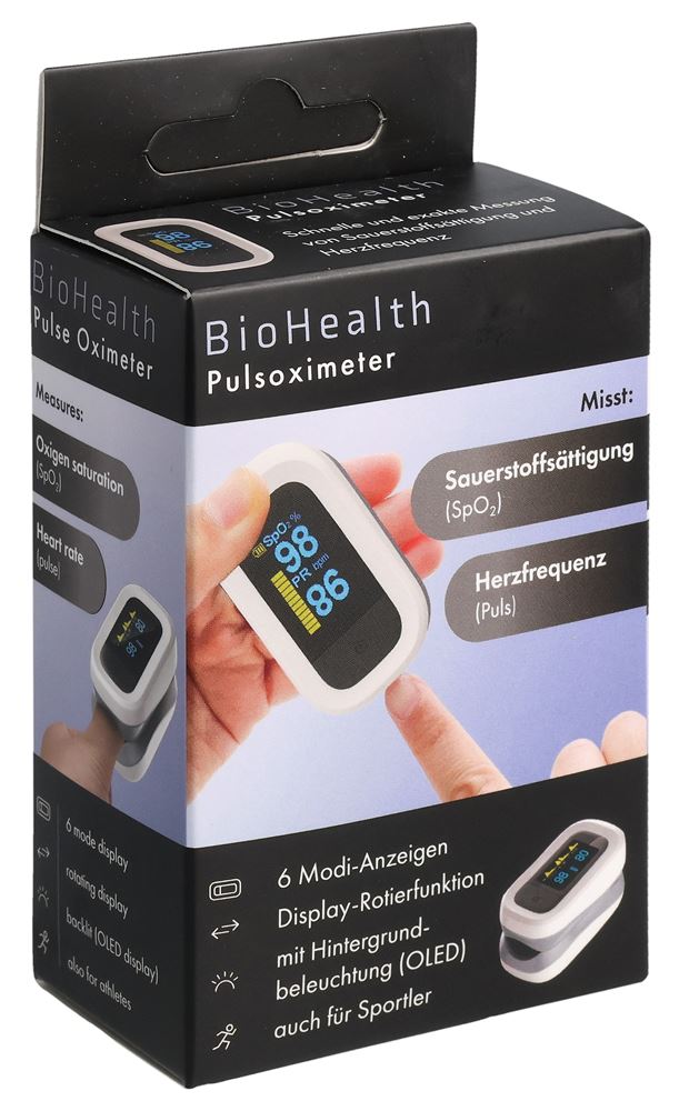 BioHealth Pulsoximeter mit Perfusions-Index 6 Ansichtsperspektiven Rotierfunktion