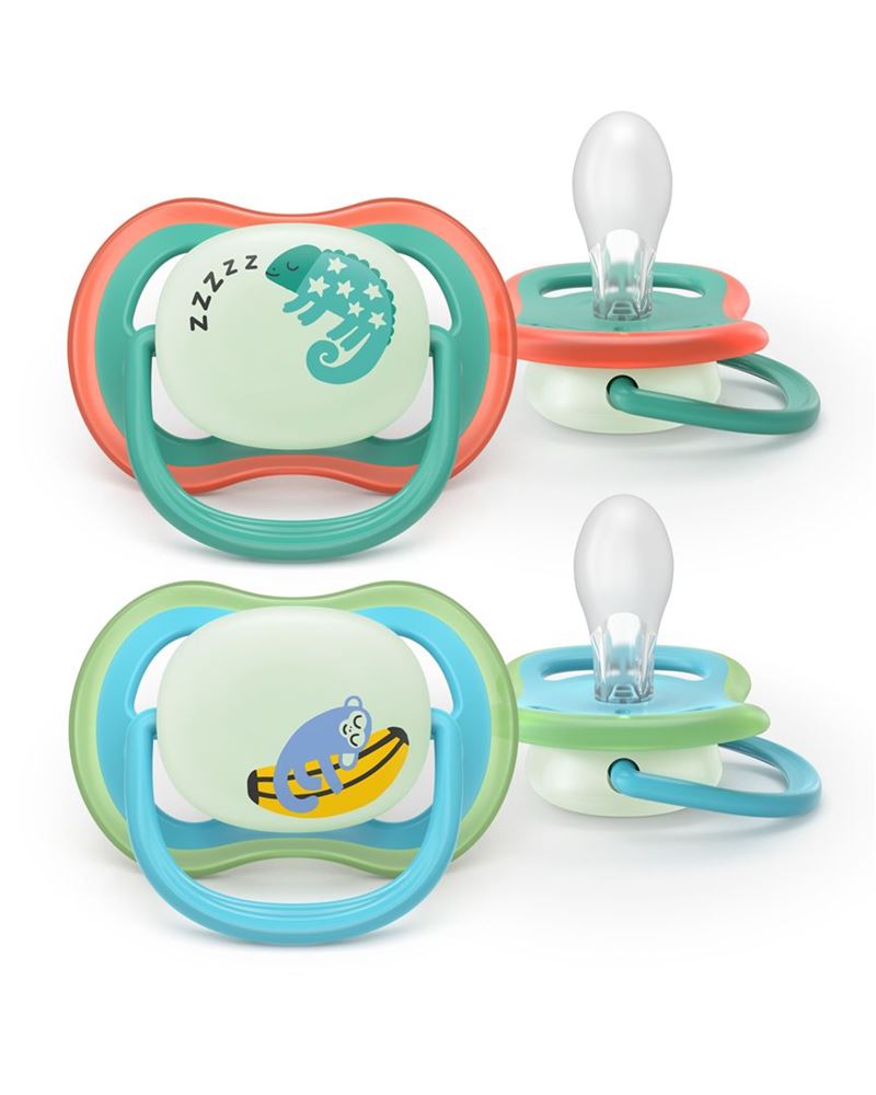 Philips Avent Schnuller Ultra Air Night 6-18 Monate grün + Chamäleon/blau + Affe 2 Stk