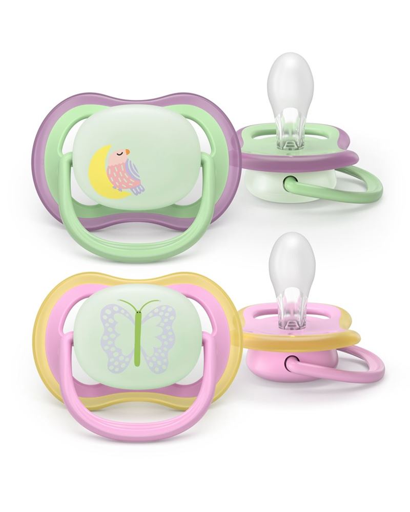 Philips Avent Schnuller Ultra Air Night 6-18 Monate hellgrün + Vogel/rosa + Schmetterling 2 Stk