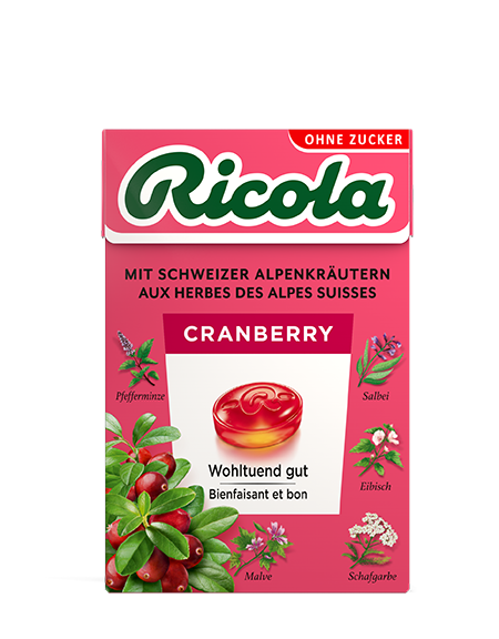 Ricola Kräuterbonbons Cranberry ohne Zucker mit Stevia Box 50 g