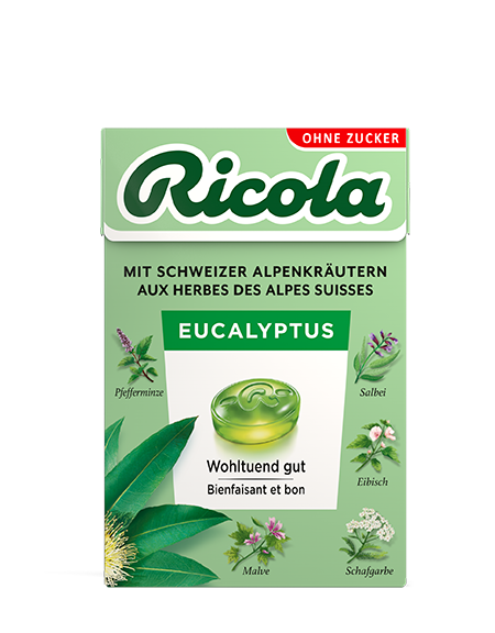 Ricola Kräuterbonbons Eucalyptus ohne Zucker mit Stevia Box 50 g