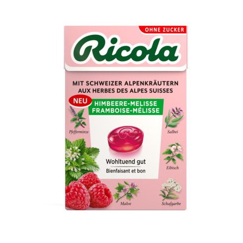 Ricola Kräuterbonbons Himbeere Melisse ohne Zucker mit Stevia Box 50 g
