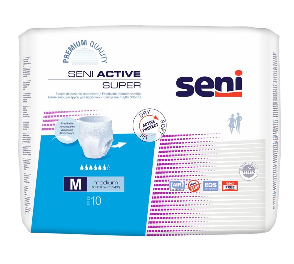 Seni Active Super Pants Einweghosen M atmungsaktiv Hüftumfang 80-110cm 6 Tropfen 10 Stk