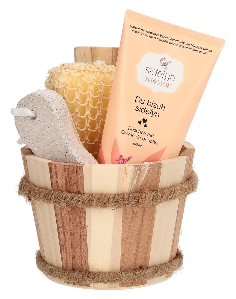 Sidefyn Geschenkset Holzkübel Duschcreme Du bisch sidefyn