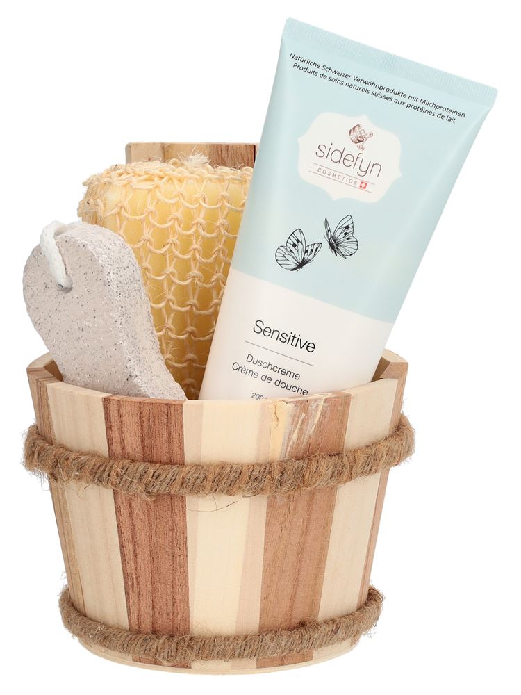 Sidefyn Geschenkset Holzkübel Duschcreme Sensitive