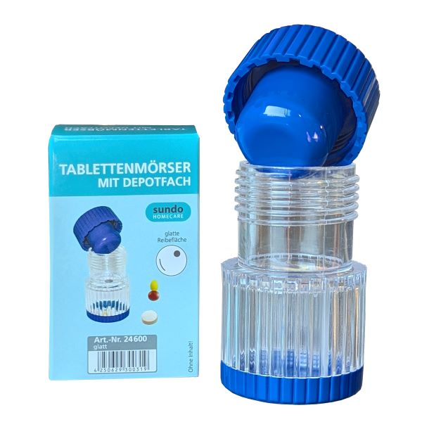 Sundo Tablettenmörser mit Schraubdeckel blau-transparent