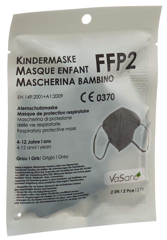 VaSano Maske Ffp2 Kinder 4-12 Jahre grau deutsch/französisch/italienisch 2 Stk