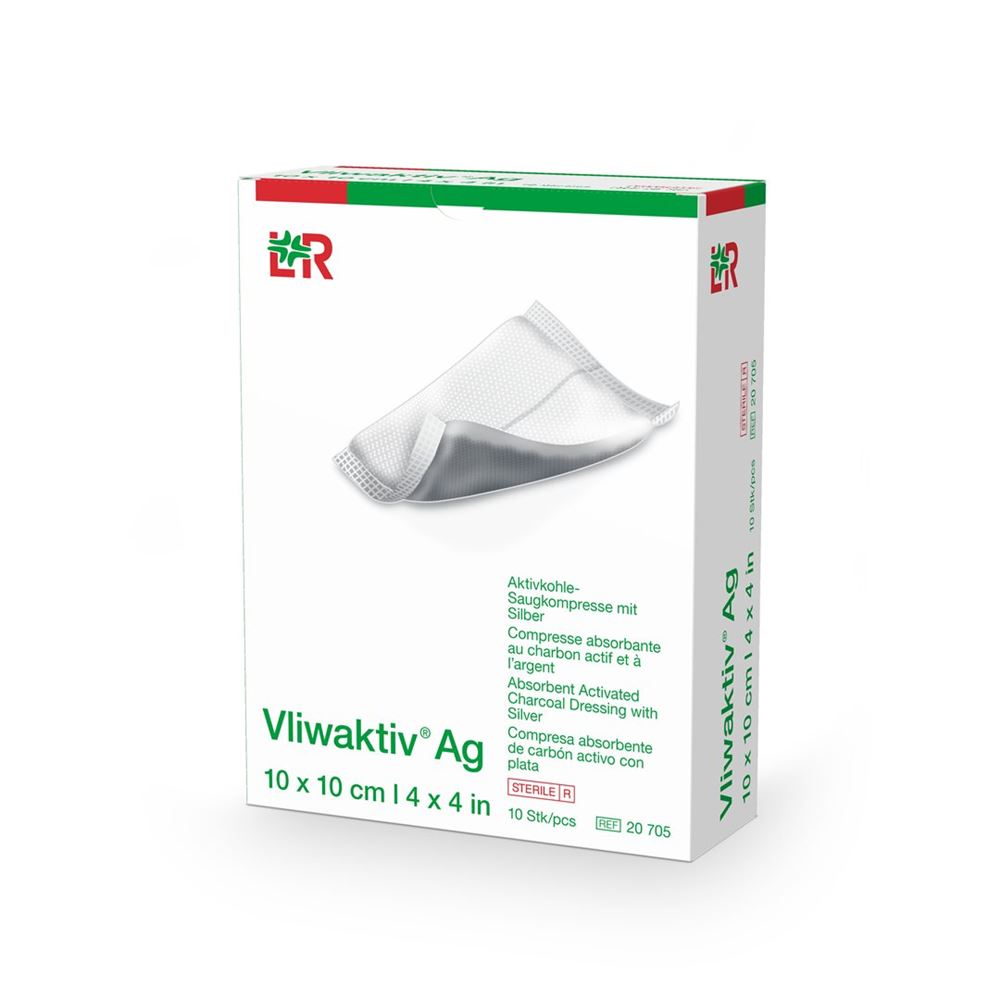 Vliwaktiv Ag Aktivkohle Verband 10x10cm steril 10 Stk
