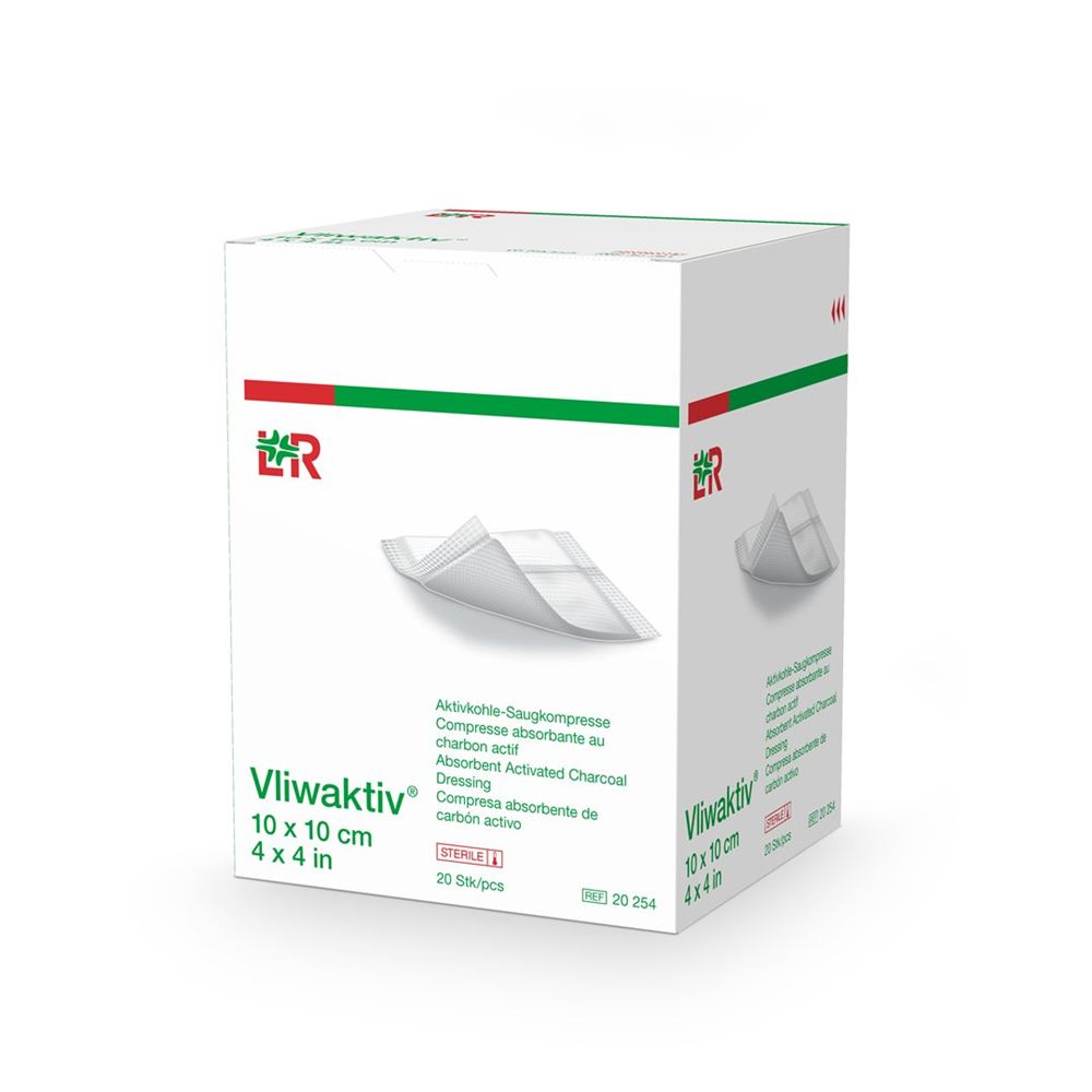 Vliwaktiv Aktivkohle Saugkompresse 10x10cm steril 20 Stk