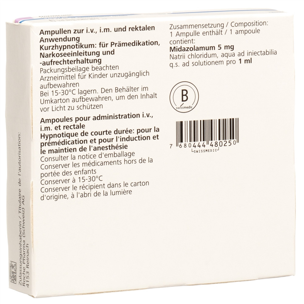 Dormicum sol inj 5 mg/ml i.v., i.m., rectale amp 1 ml, image 2 sur 2